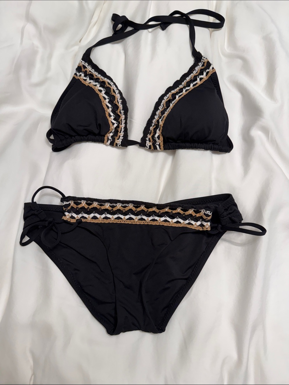 BECCA Black Triangle Bikini with Tan and White Braided Trim